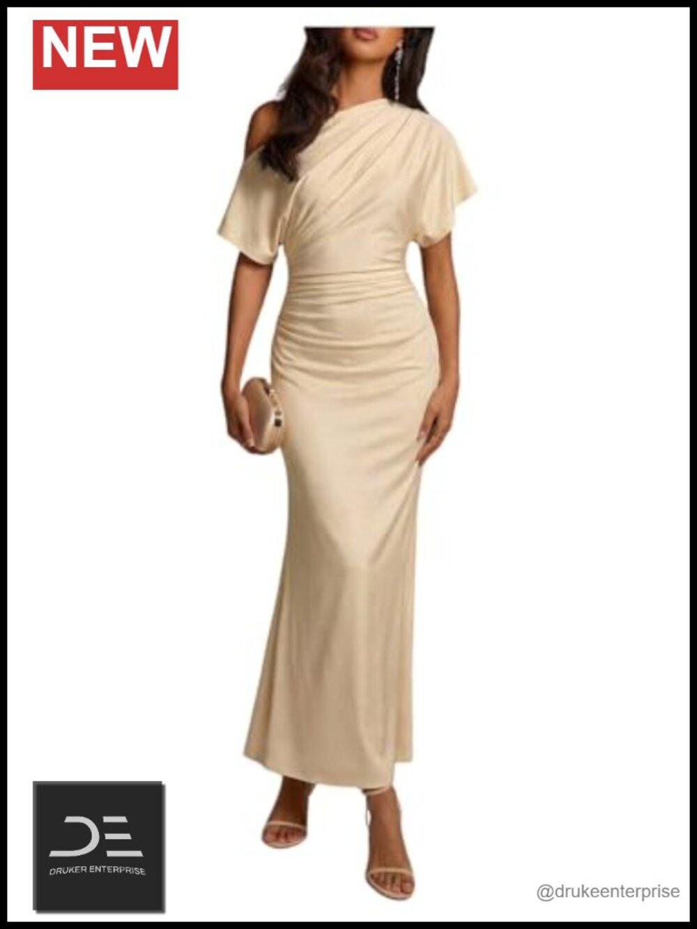 Elegant One Shoulder Ruched Maxi Dress Short Sleeve Formal Cocktail